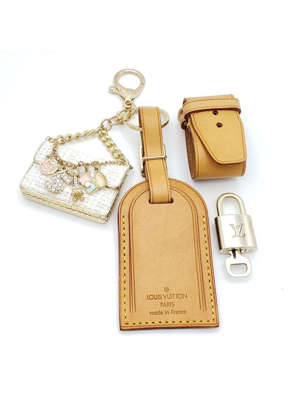 Authentic Louis Vuitton Luggage Nametag and Gold Padlock with Unbranded Keycharm
